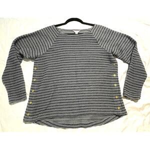 Crown & Ivy Women's PL Sweater Gray Navy Stripe Gold Nautical Prep Knit - EUC